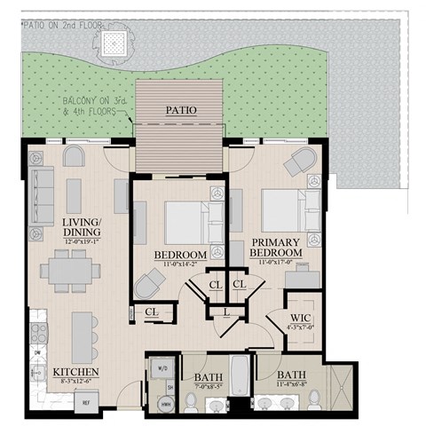 Floor plan for 2 beds, 2 baths, 1120 sqft